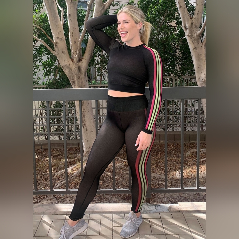 Fabletics Black Athletic Set With Pink And Green Stripes